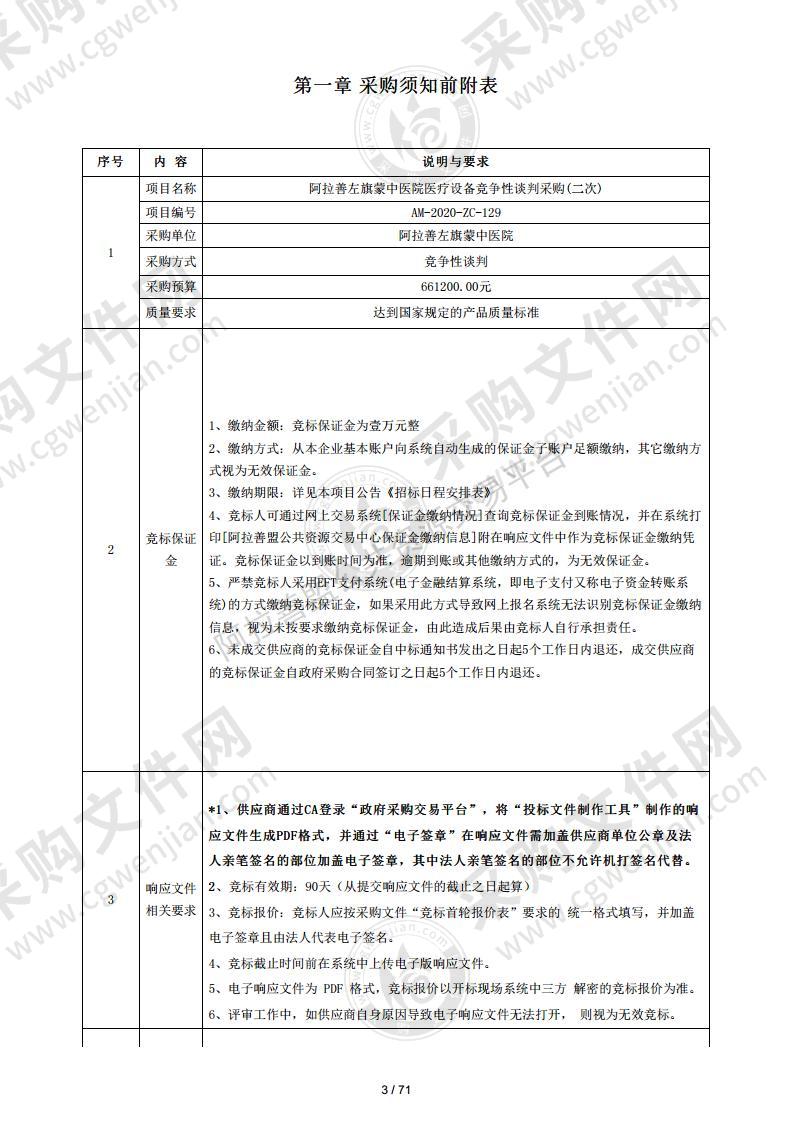 阿拉善左旗蒙中医院医疗设备项目竞争性谈判采购