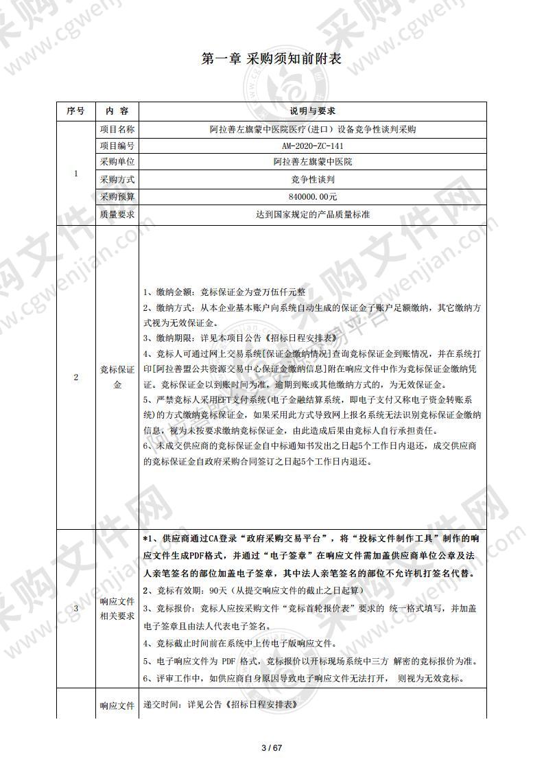 阿拉善左旗蒙中医院医疗(进口）设备竞争性谈判采购