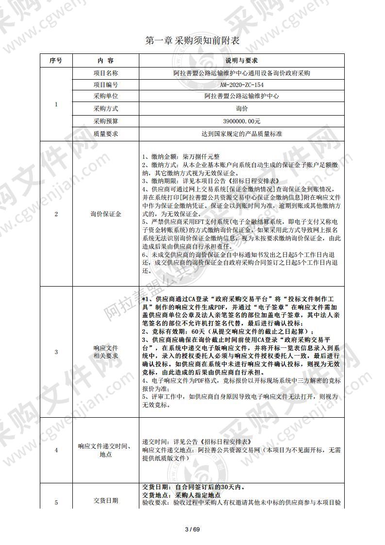 阿拉善盟公路运输维护中心通用设备询价政府采购项