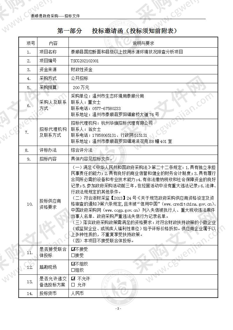 泰顺县国控断面和县级以上饮用水源环境状况排查分析项目