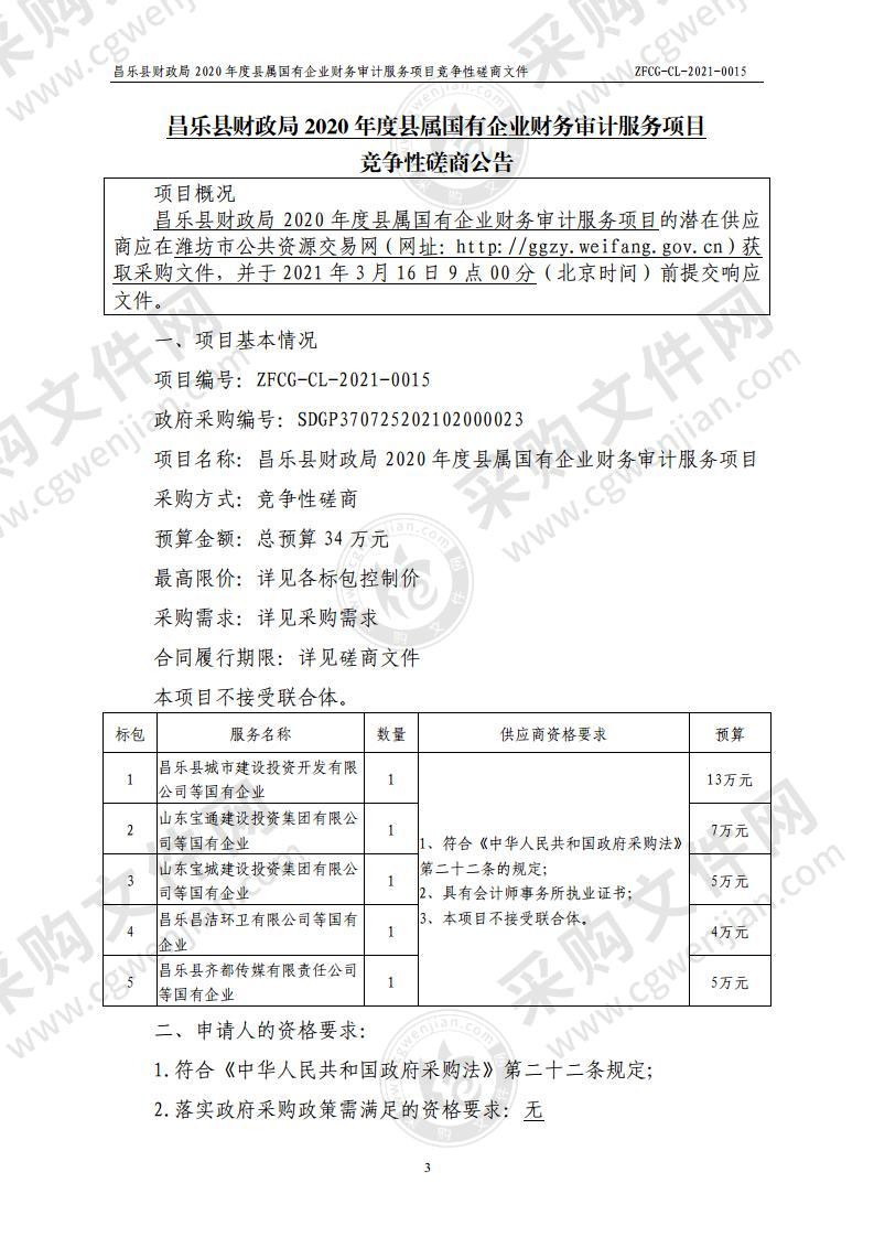 昌乐县财政局2020年度县属国有企业财务审计服务项目