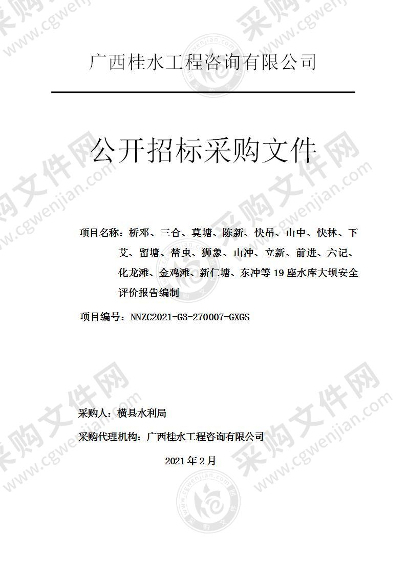 桥邓、三合、莫塘、陈新、快吊、山中、快林、下艾、留塘、榃虫、狮象、山冲、立新、前进、六记、化龙滩、金鸡滩、新仁塘、东冲等19座水库大坝安全评价报告编制