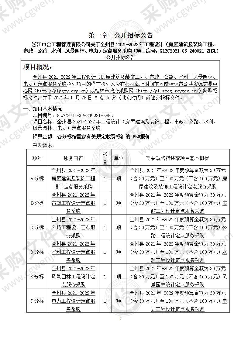 全州县2021-2022年工程设计（房屋建筑及装饰工程、市政、公路、水利、风景园林、电力）定点服务采购