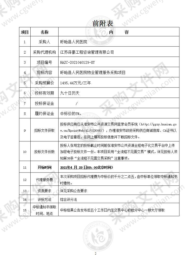 盱眙县人民医院物业管理服务采购项目