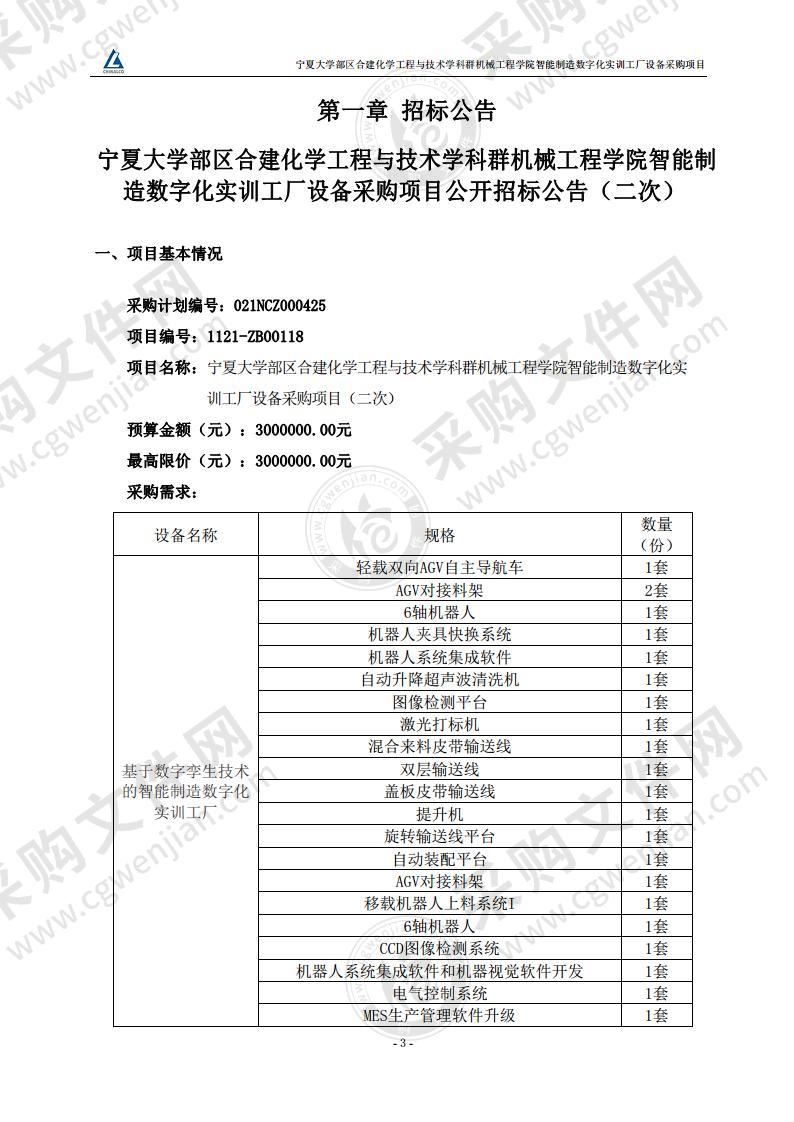 宁夏大学部区合建化学工程与技术学科群机械工程学院智能制造数字化实训工厂设备采购项目