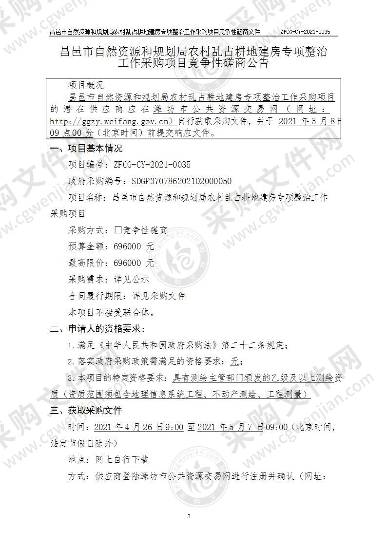 昌邑市自然资源和规划局农村乱占耕地建房专项整治工作采购项目