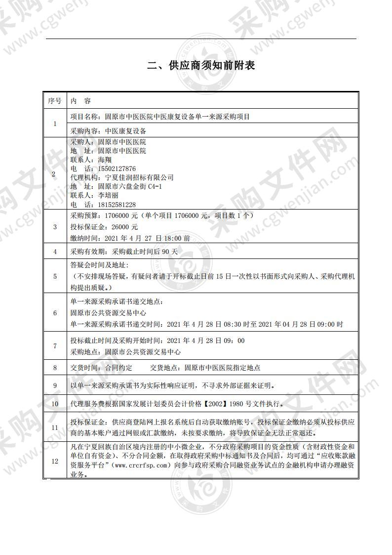 固原市中医医院中医康复设备单一来源采购项目