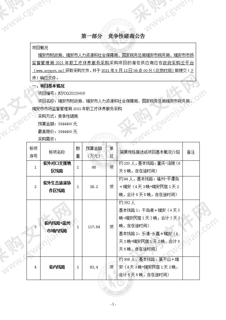 瑞安市财政局、瑞安市人力资源和社会保障局、国家税务总局瑞安市税务局、瑞安市市场监督管理局2021年职工疗休养服务采购