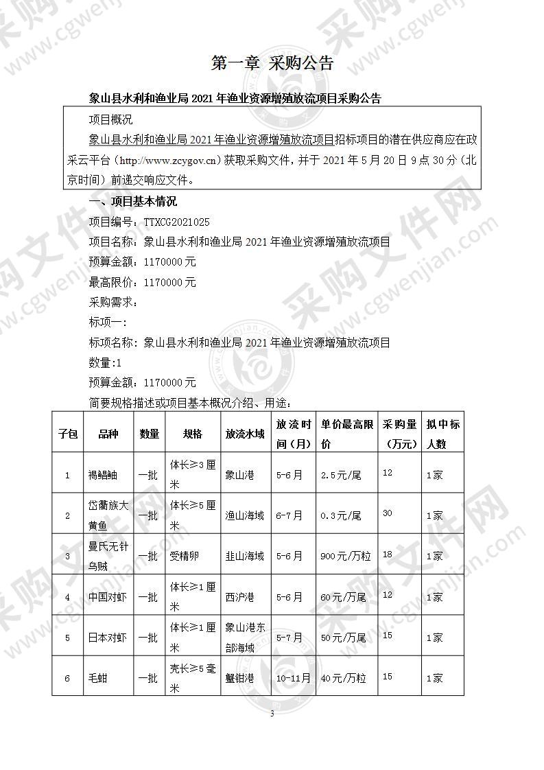 象山县水利和渔业局2021年渔业资源增殖放流项目