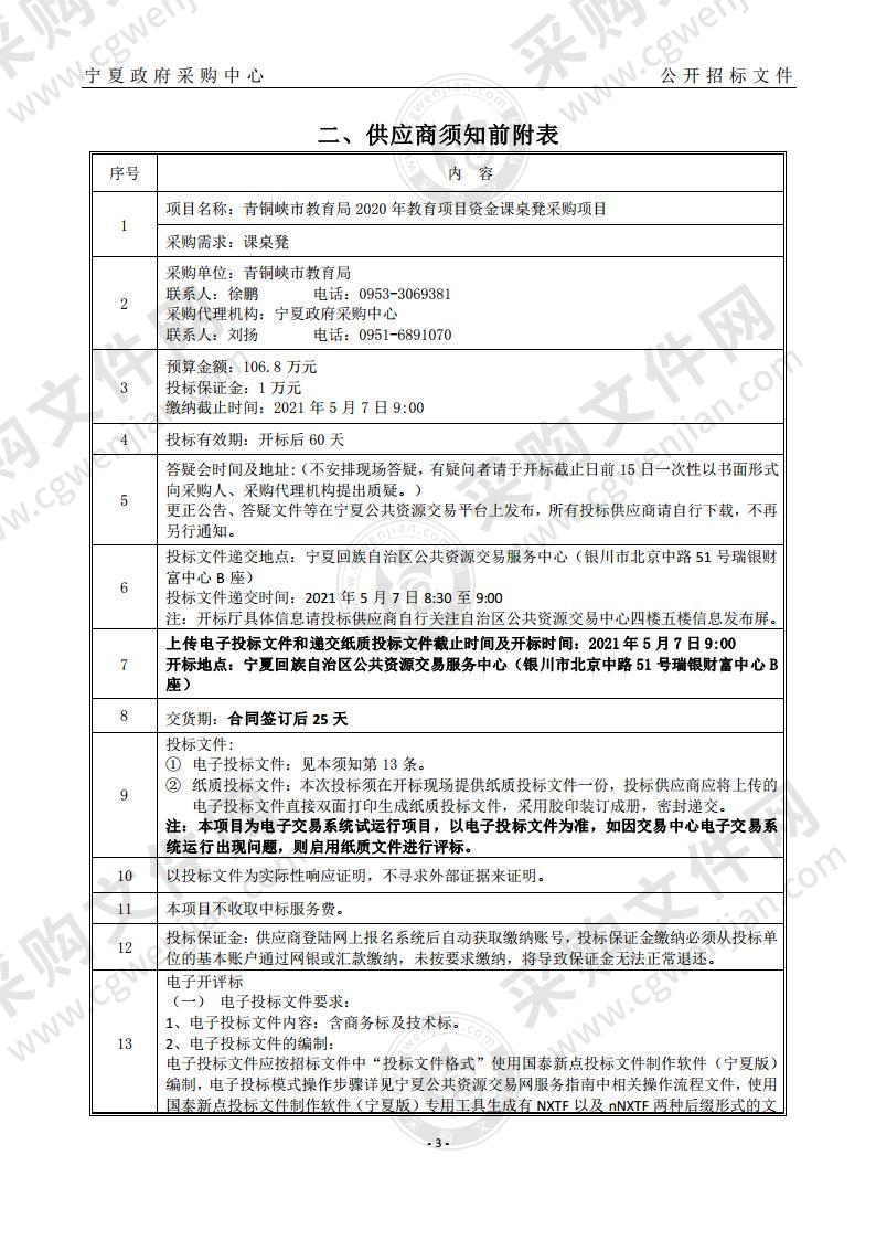 青铜峡市教育局2020年教育项目资金课桌凳采购项目