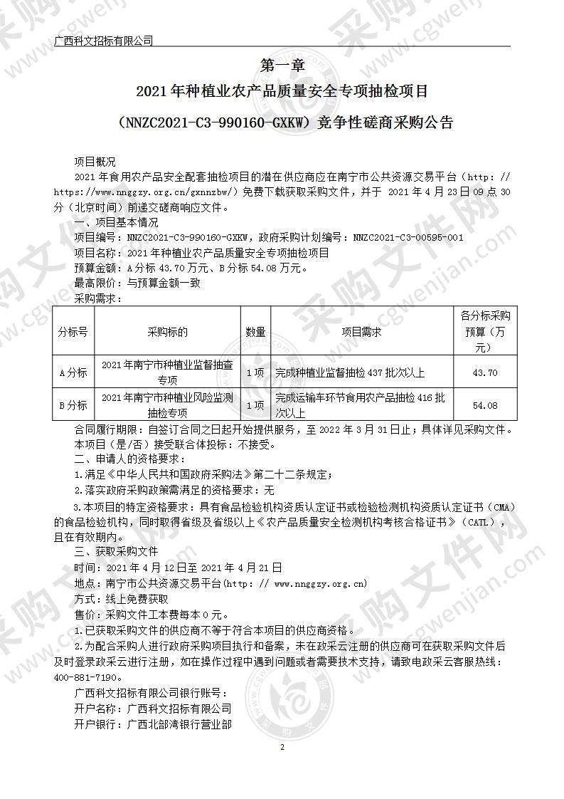 2021年种植业农产品质量安全专项抽检项目