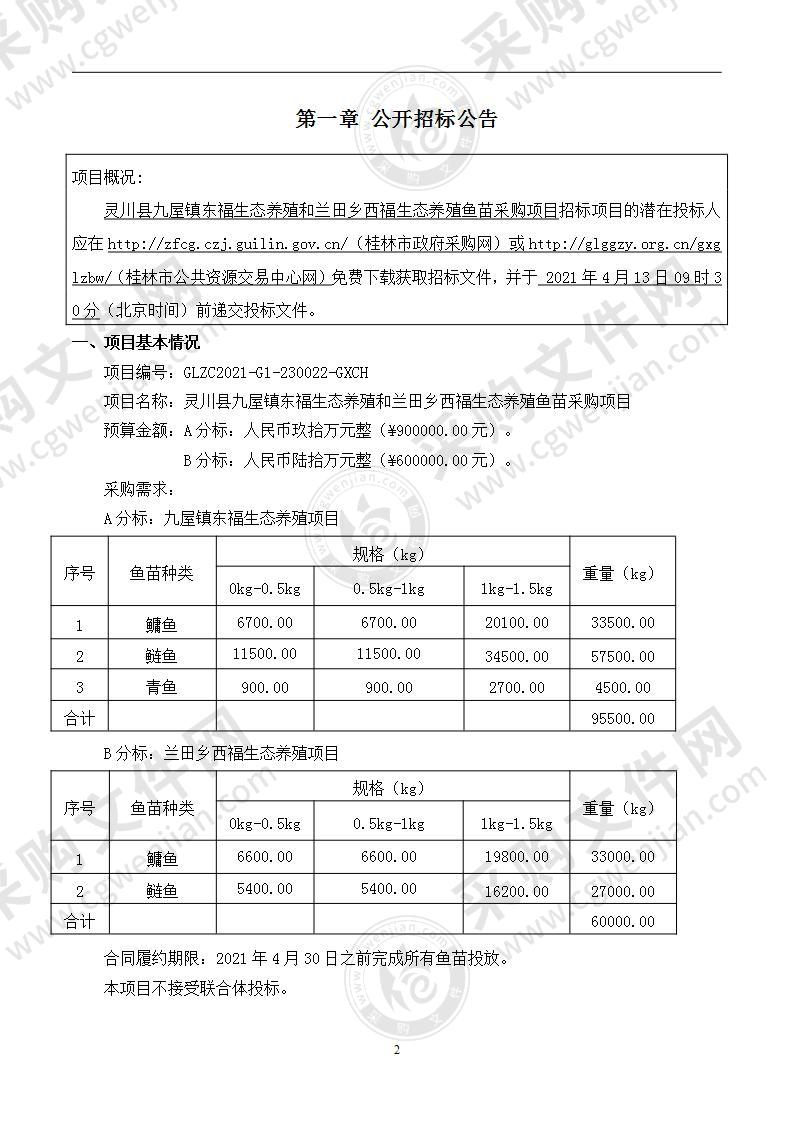 灵川县九屋镇东福生态养殖和兰田乡西福生态养殖鱼苗采购项目