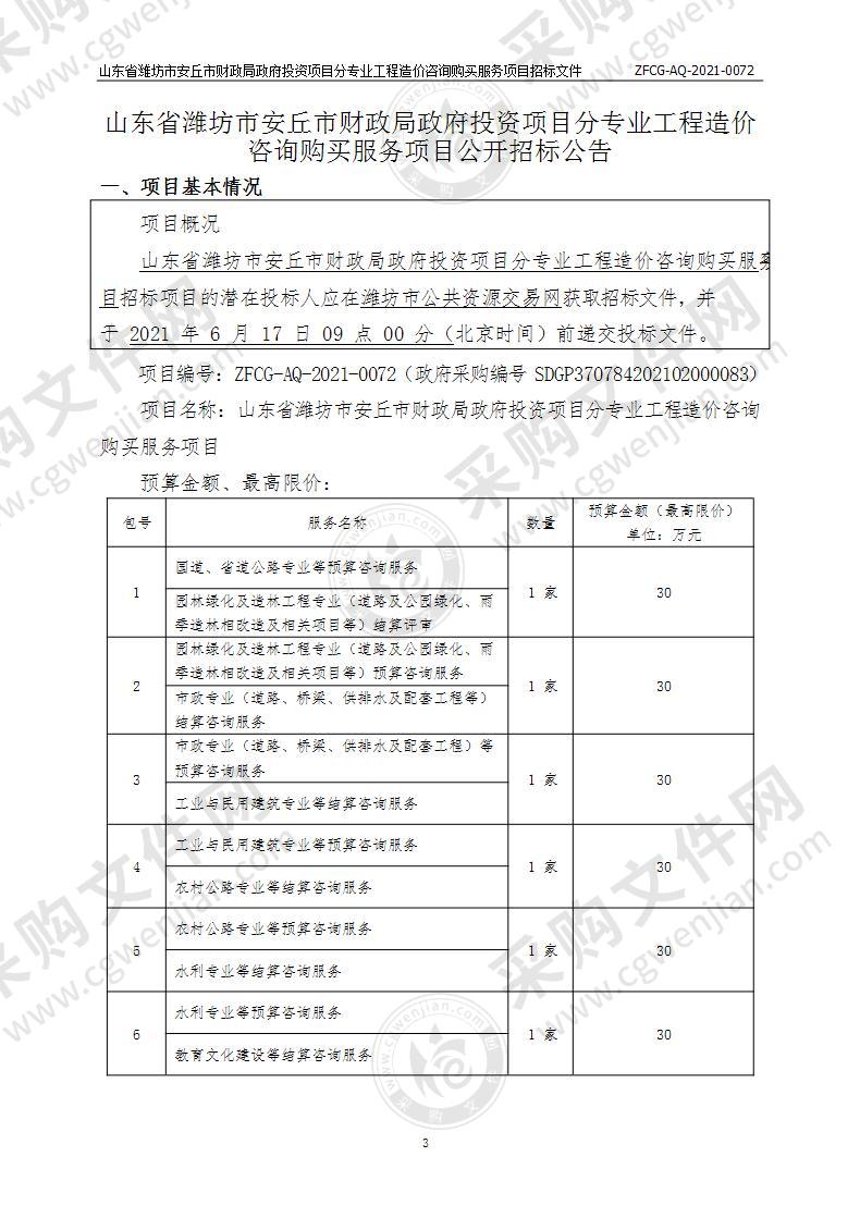 山东省潍坊市安丘市财政局政府投资项目分专业工程造价咨询购买服务项目