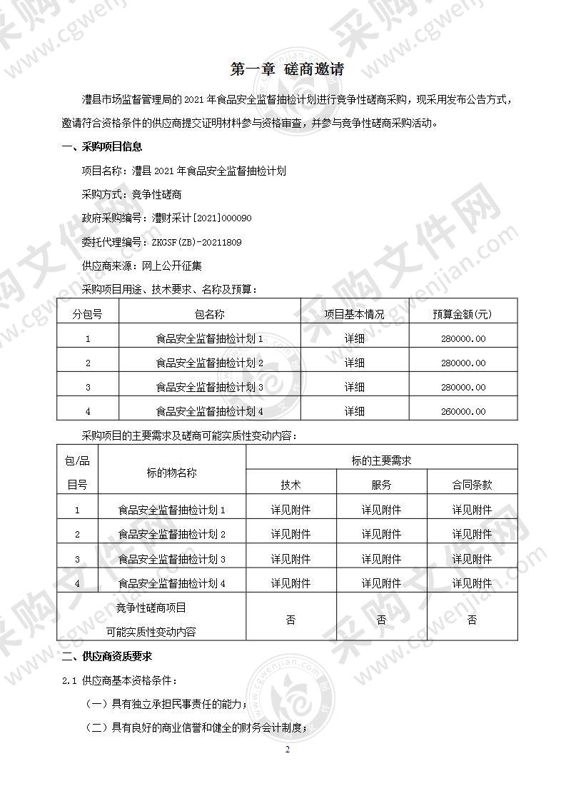 澧县2021年食品安全监督抽检计划