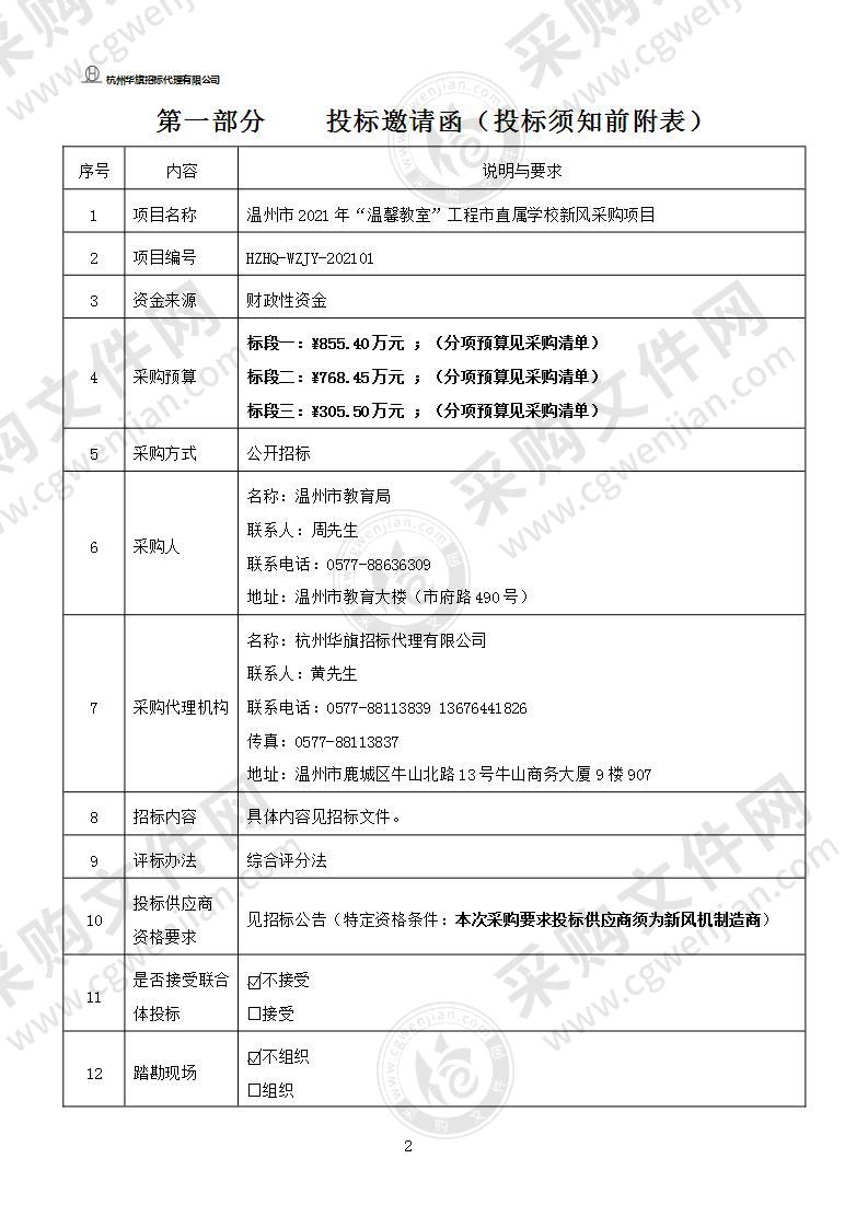 温州市2021年“温馨教室”工程市直属学校新风采购项目