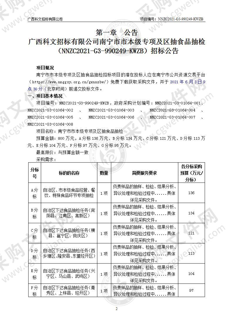 南宁市市本级专项及区抽食品抽检