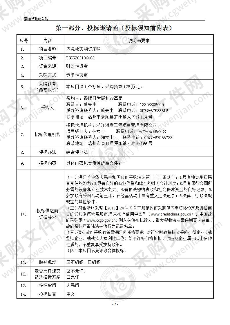 泰顺县发展和改革局应急救灾物资项目