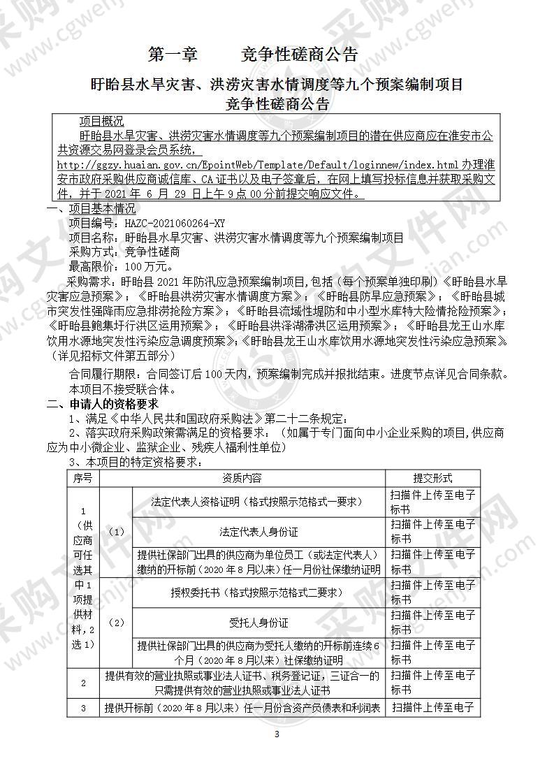 盱眙县水旱灾害、洪涝灾害水情调度等九个预案编制项目