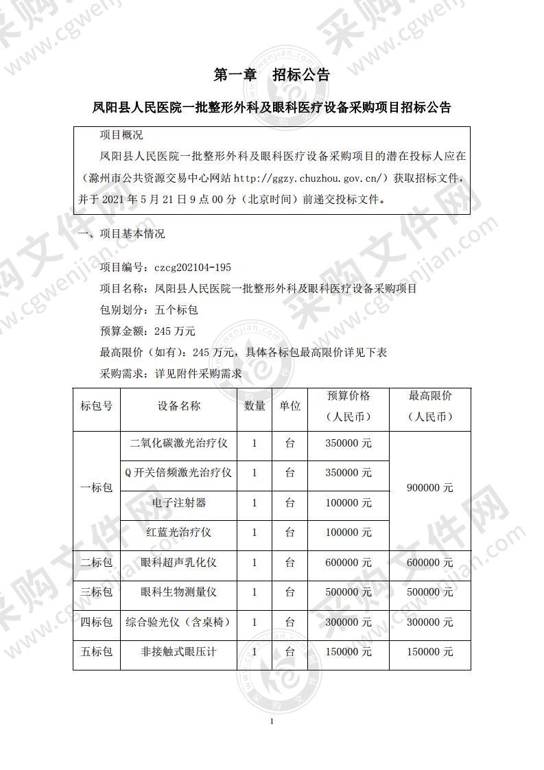 凤阳县人民医院一批整形外科及眼科医疗设备采购项目