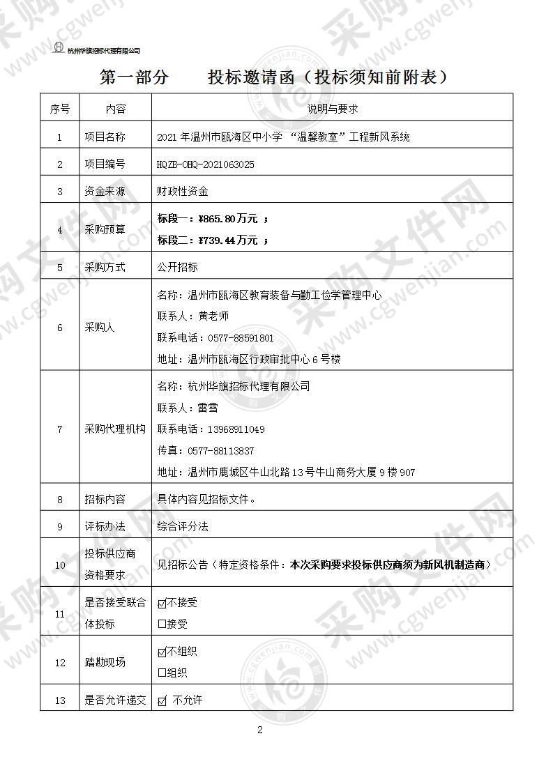 2021年温州市瓯海区中小学 “温馨教室”工程新风系统