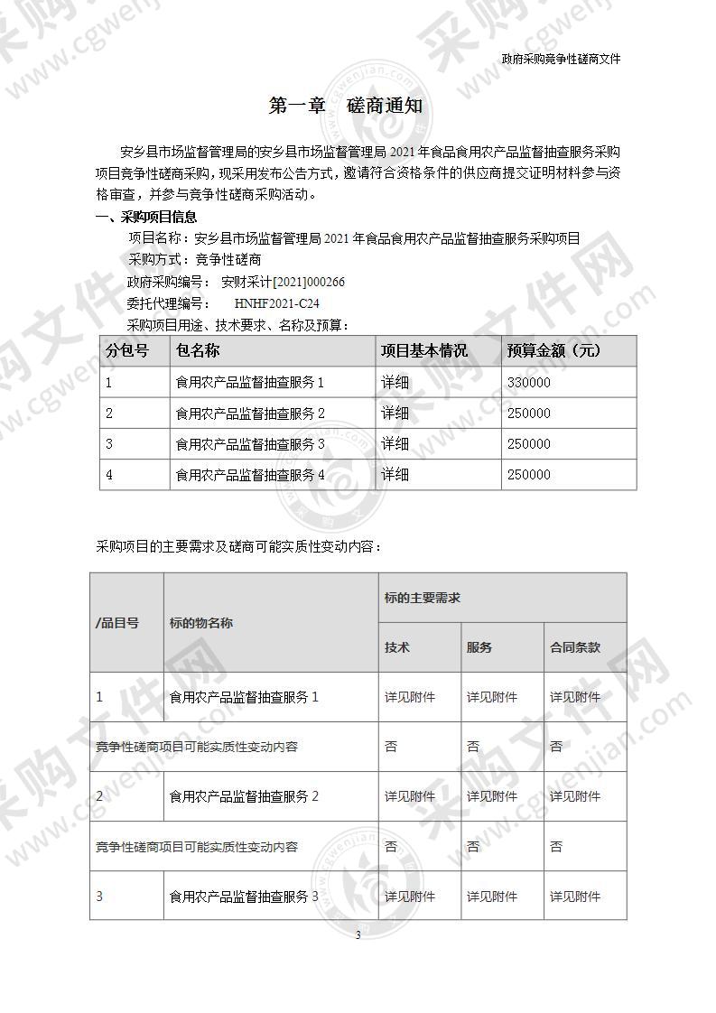 安乡县市场监督管理局2021年食品食用农产品监督抽查服务采购项目