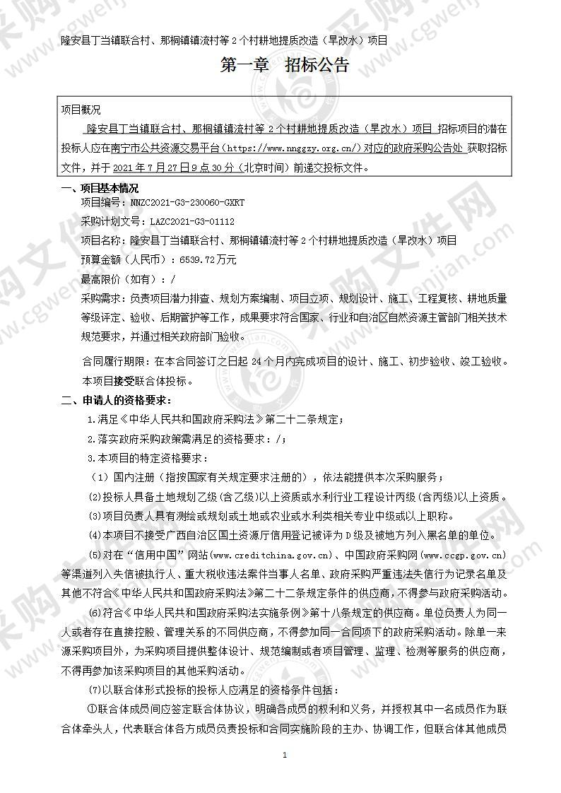 隆安县丁当镇联合村、那桐镇镇流村等2个村耕地提质改造（旱改水）项目