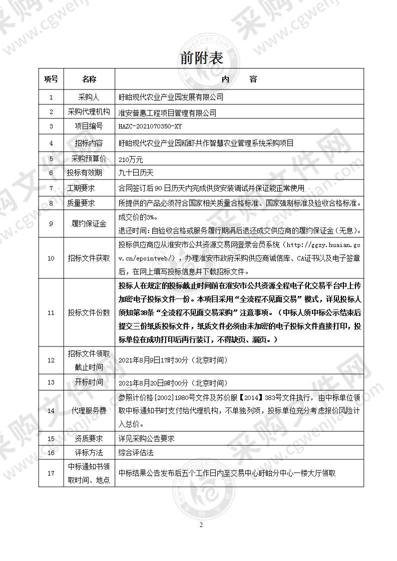 盱眙现代农业产业园稻虾共作智慧农业管理系统采购项目