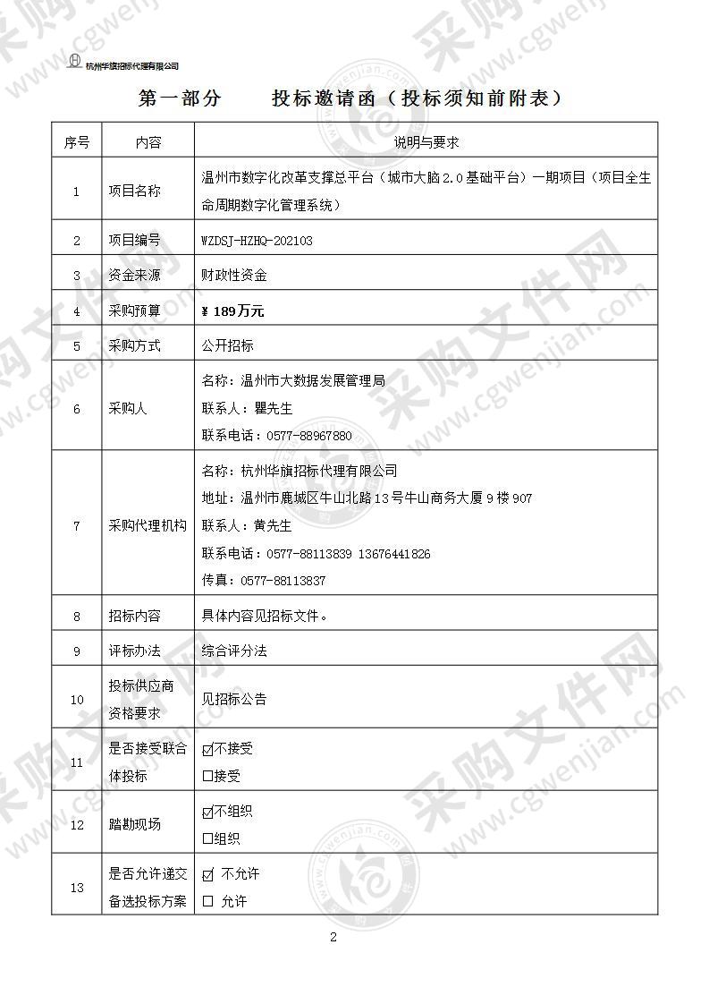 温州市数字化改革支撑总平台（城市大脑2.0基础平台）一期项目（项目全生命周期数字化管理系统）