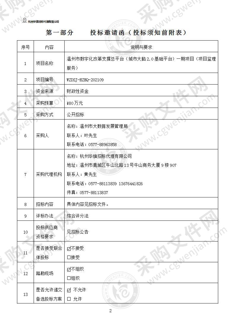 温州市数字化改革支撑总平台（城市大脑2.0基础平台）一期项目（项目监理服务）