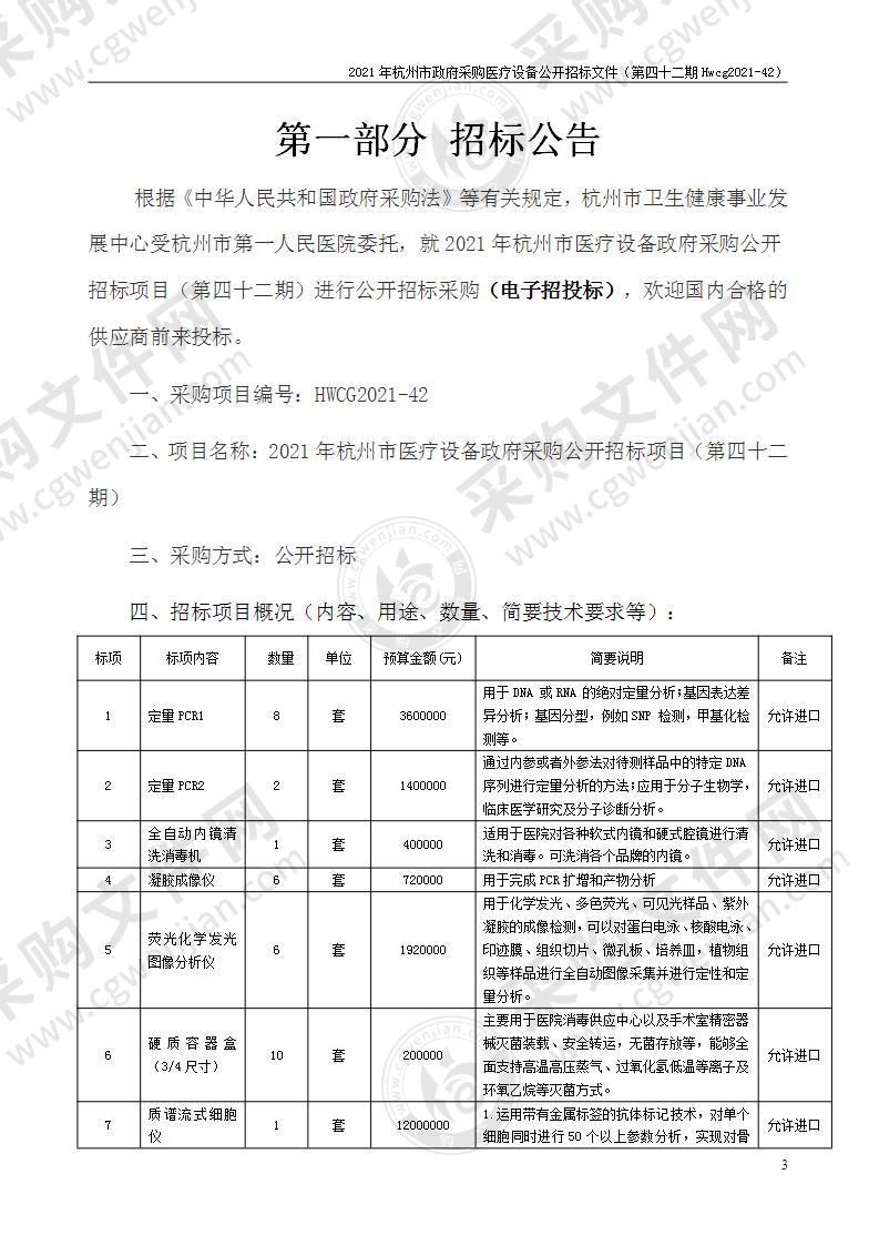 2021年杭州市医疗设备政府采购公开招标项目（第四十二期）