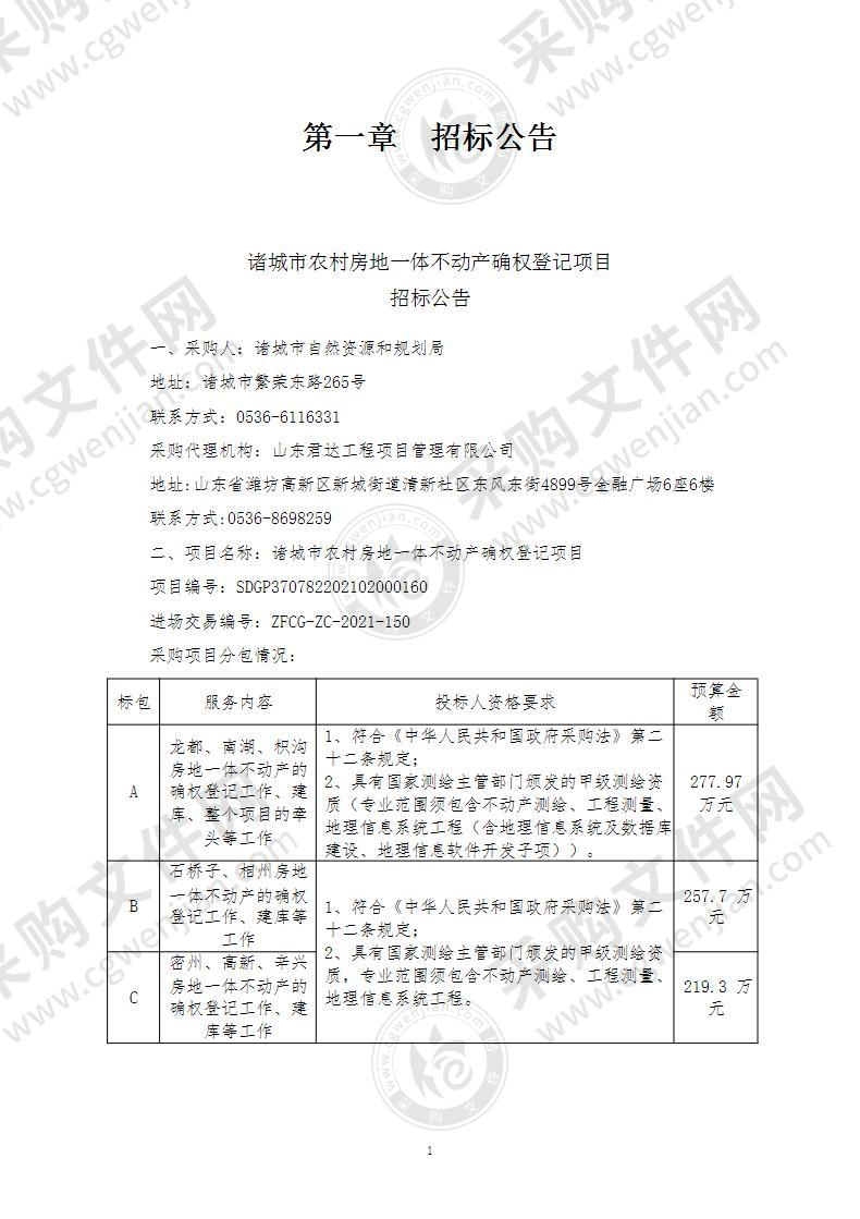 诸城市农村房地一体不动产确权登记项目