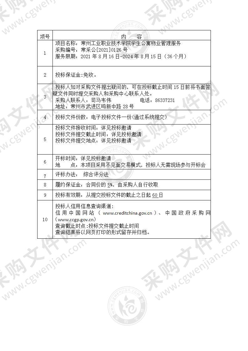 常州工业职业技术学院学生公寓物业管理服务