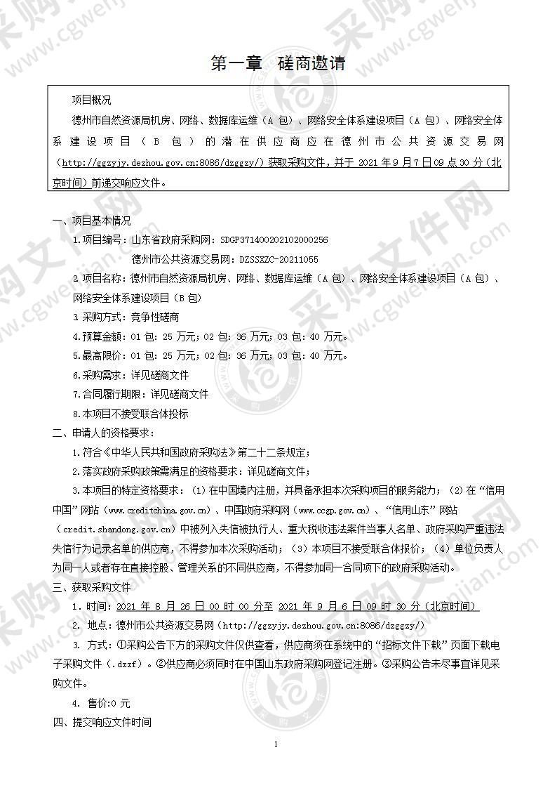 德州市自然资源局机房、网络、数据库运维（A包）、网络安全体系建设项目（A包）、网络安全体系建设项目（C包）