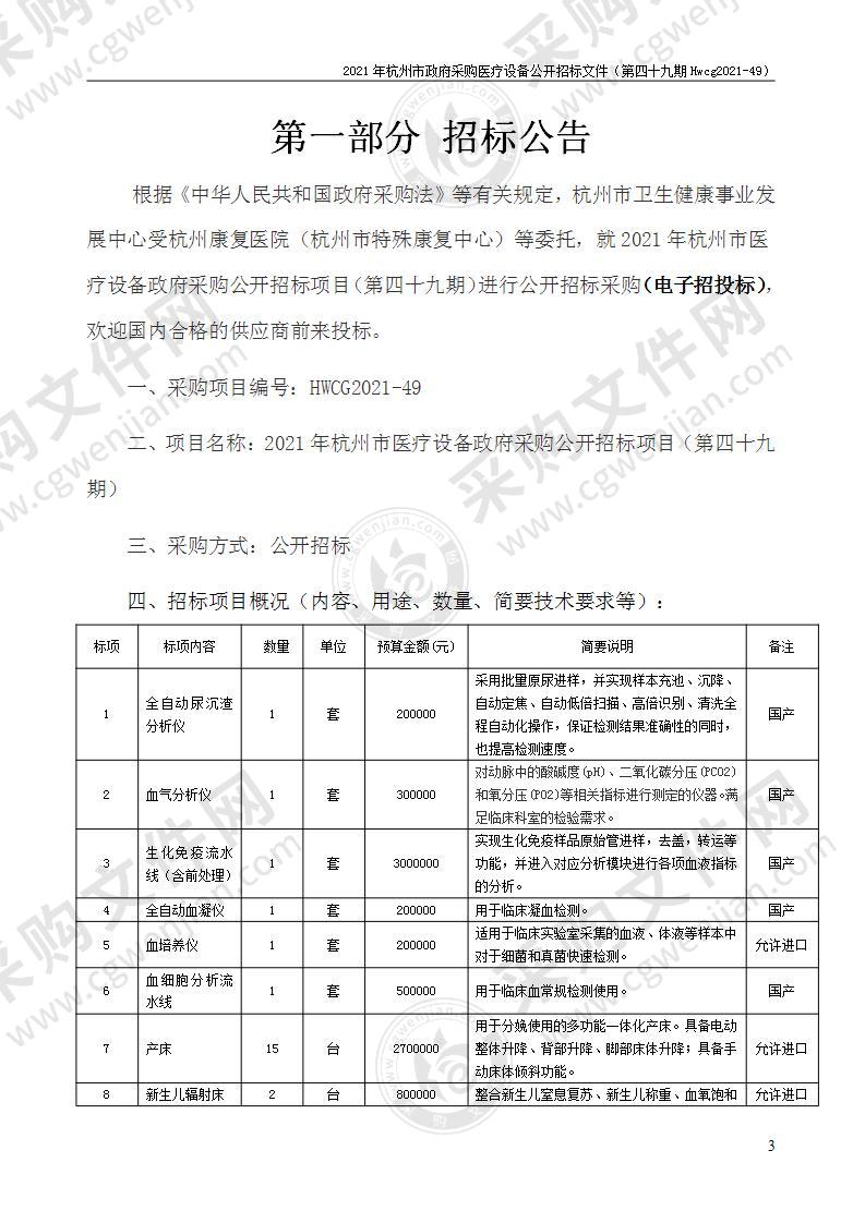 2021年杭州市医疗设备政府采购公开招标项目（第四十九期）