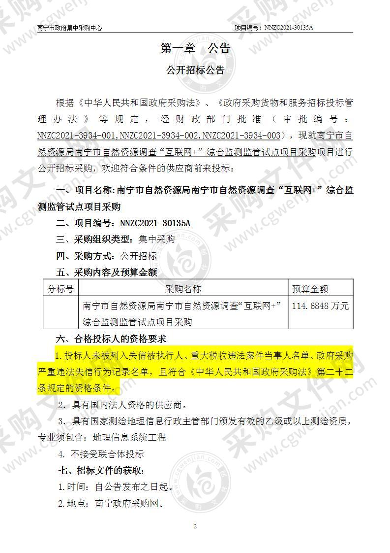 南宁市自然资源局南宁市自然资源调查“互联网+”综合监测监管试点项目采购