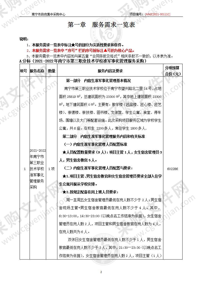 南宁市第三职业技术学校2021年-2022年南宁市第三职业技术学校内宿生准军事化管理服务和保安服务采购