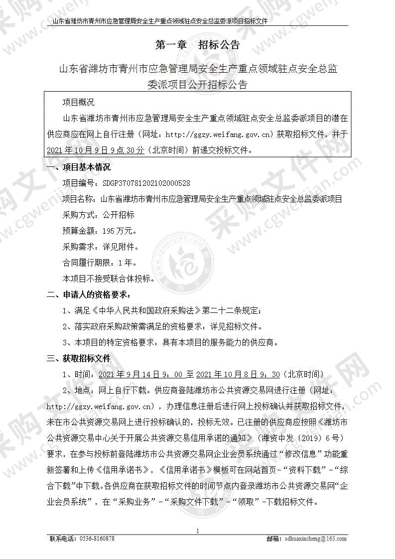 山东省潍坊市青州市应急管理局安全生产重点领域驻点安全总监委派项目