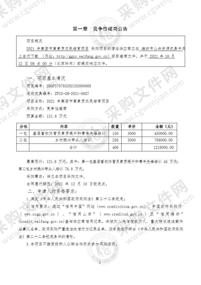 2021年高密市高素质农民培育项目（第二包：乡村振兴带头人培训）