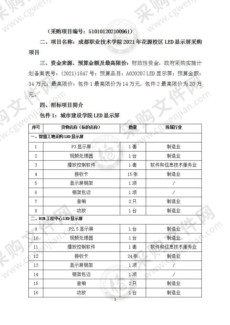 成都职业技术学院2021年花源校区LED显示屏采购项目