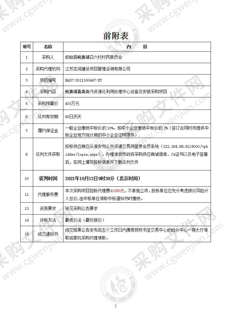 鲍集镇畜禽粪污资源化利用处理中心设备及安装采购项目