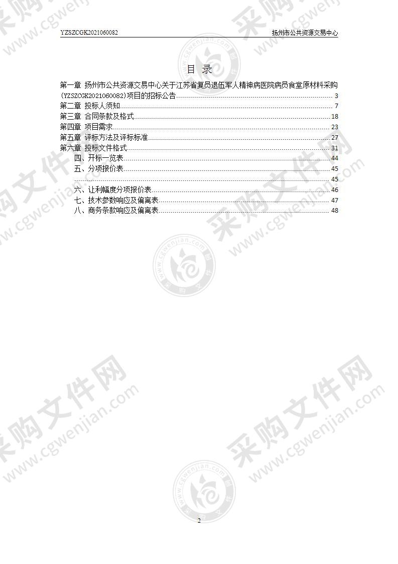 江苏省复员退伍军人精神病医院病员食堂原材料采购