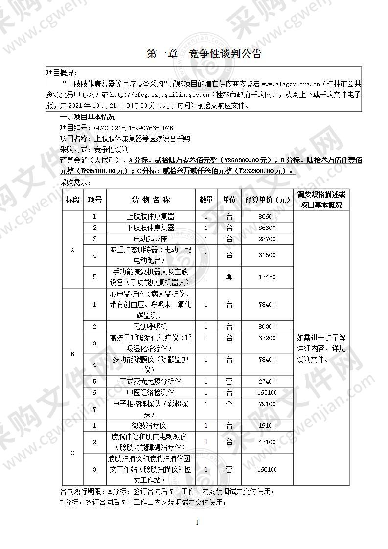 上肢肢体康复器等医疗设备采购