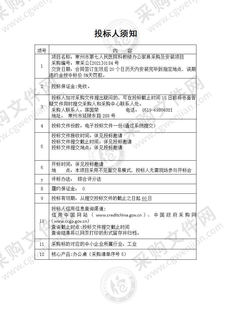 常州市第七人民医院科教楼办公家具采购及安装项目