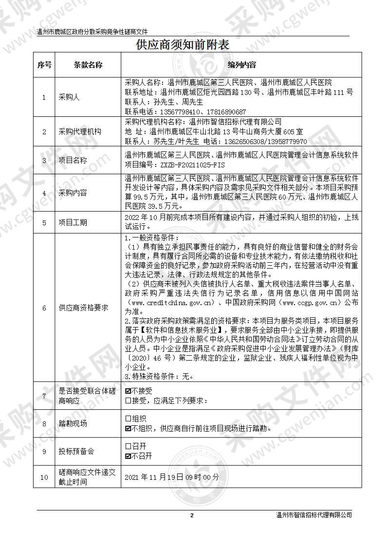 温州市鹿城区第三人民医院、温州市鹿城区人民医院管理会计信息系统软件项目