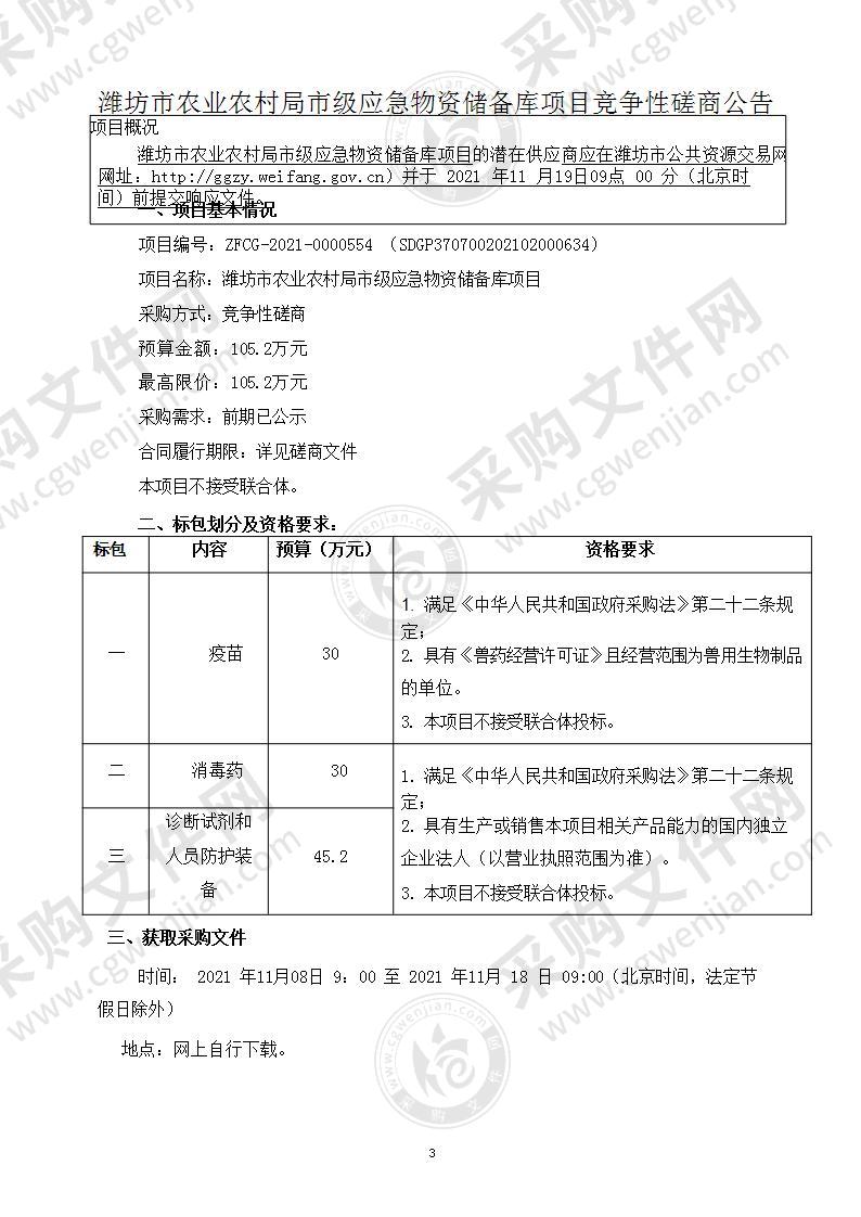 潍坊市农业农村局市级应急物资储备库项目（包二）