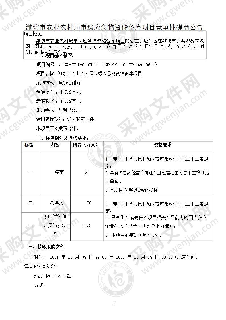 潍坊市农业农村局市级应急物资储备库项目（包三）