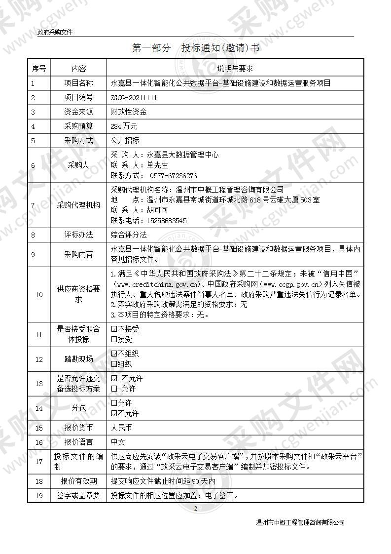 永嘉县一体化智能化公共数据平台-基础设施建设和数据运营服务项目