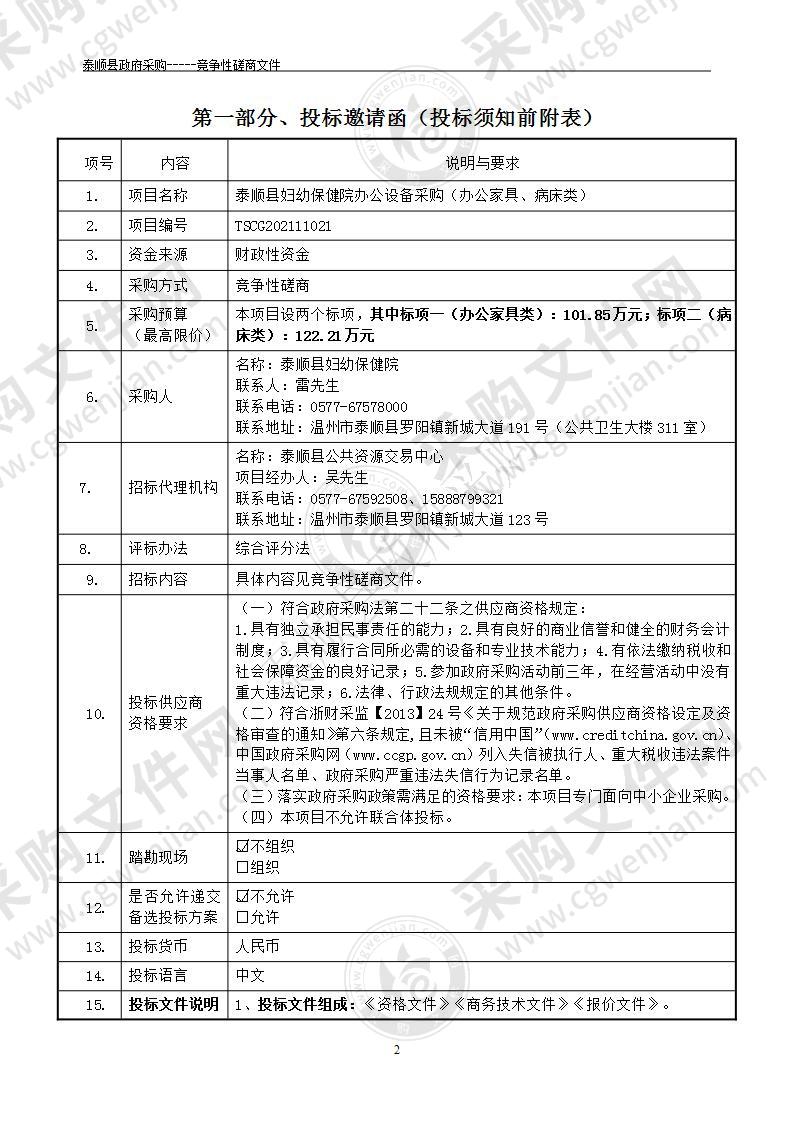 泰顺县妇幼保健院办公设备采购（办公家具、病床类）