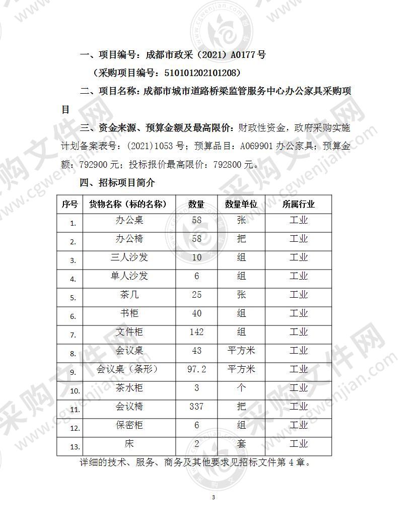 成都市城市道路桥梁监管服务中心办公家具采购项目