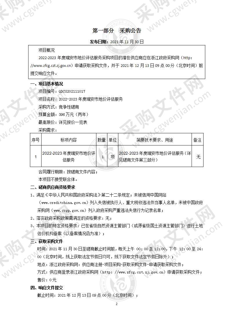 2022-2023年度瑞安市地价评估服务